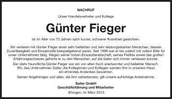 Traueranzeige von Günter Fieger von Pegnitz-Zeitung